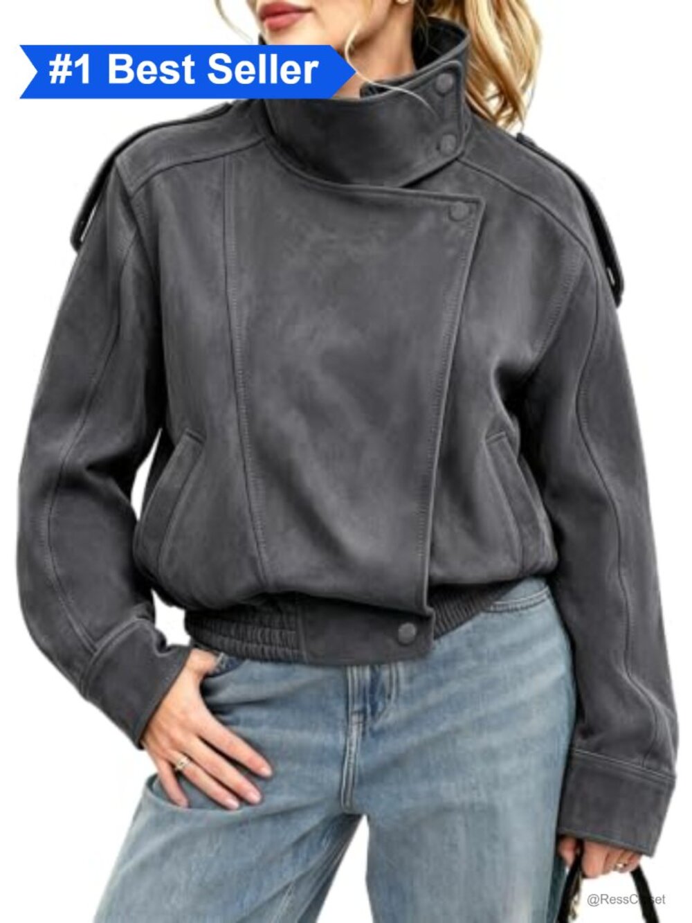 Suede Jacket High Collar Snap Button Zip Front Casual Coat